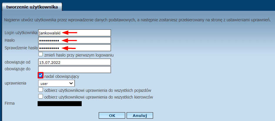 Fill in the “User login”, “Password”, “Check password” fields, check “still ongoing” and click “OK”