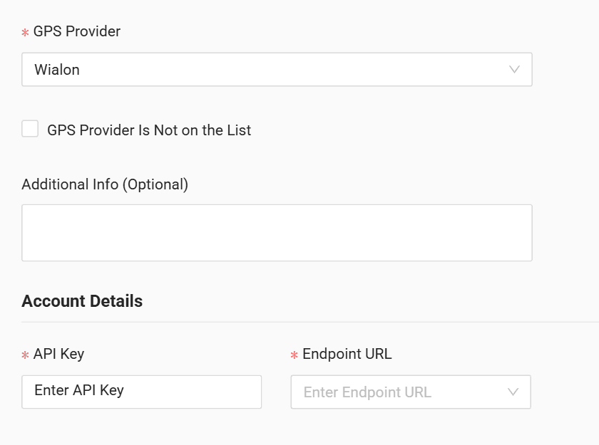 In the form paste the copied API key into the "API Key" field and in the "Endpoint URL" field select the server with the same ending (wialon.com or wialon.eu) as shown in the address bar after wialon_sdk_url=