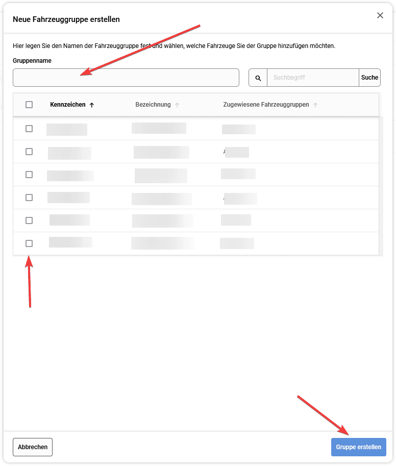 Set the group name e.g. “CO3” and select the vehicles, then click “Gruppe erstellen”