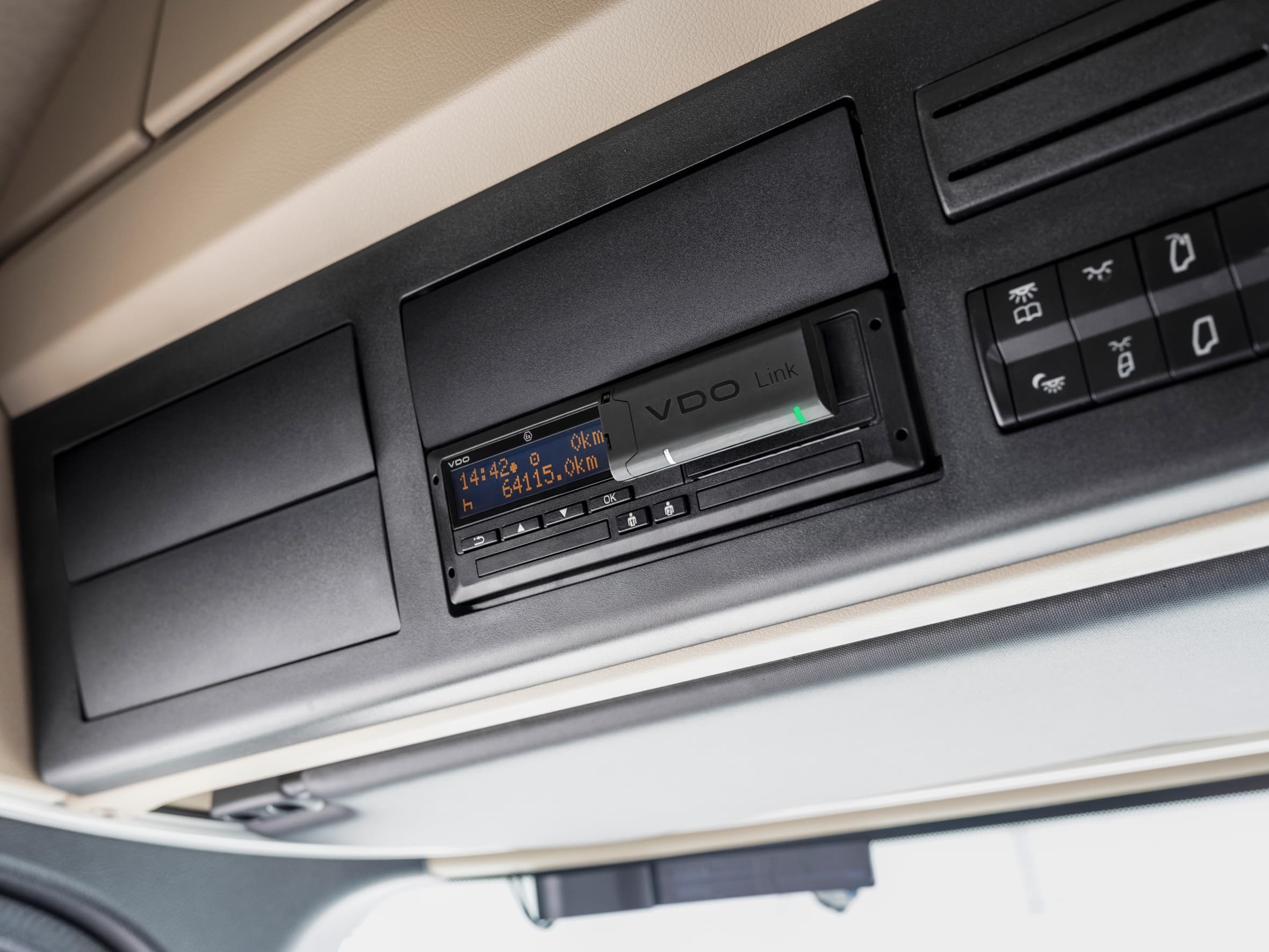 VDO tachograph with a VDO Link module installed in a truck cab dashboard