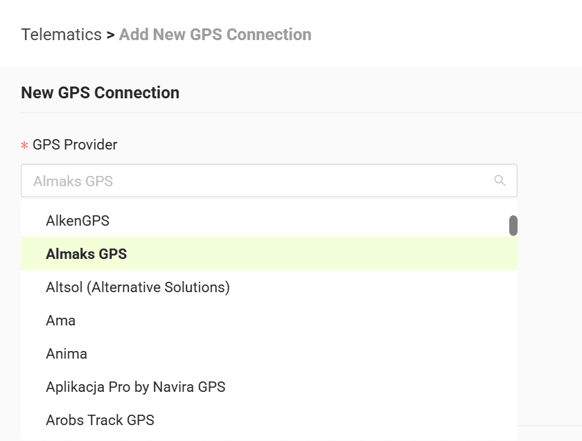 Select your GPS provider from the list