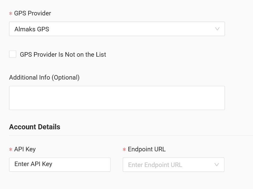In the form enter the API key received from your GPS provider
and select from the "Endpoint" list the server on which the provider issued the key