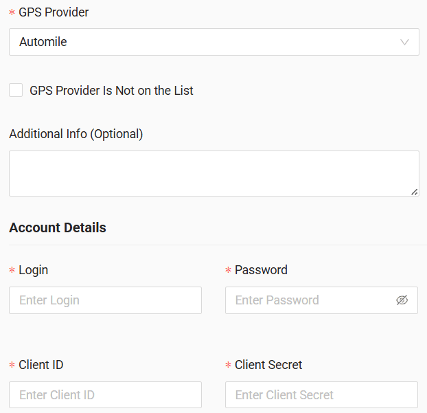 In the form, enter login, password, client ID and client secret received from your GPS provider