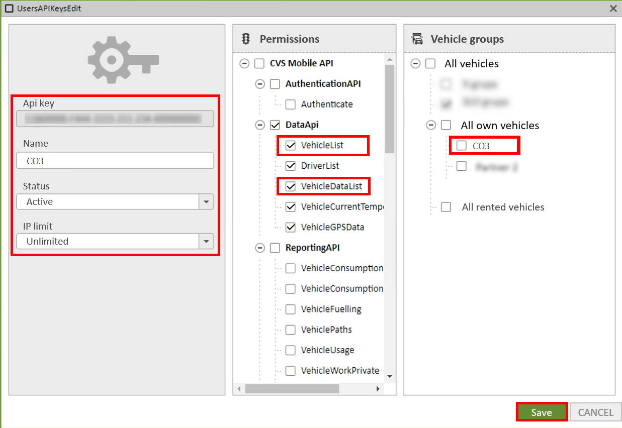 Enter a name for the API key, check the boxes for "VehicleList" and "VehicleDataList", select the group created earlier and click "Save"