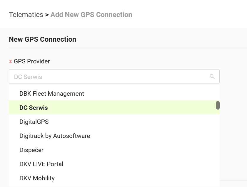 Select your GPS provider from the list