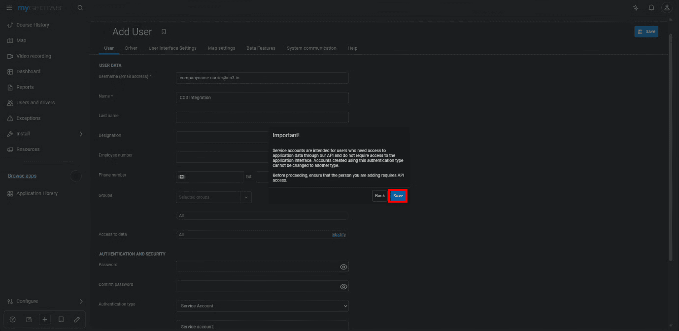 If a service account confirmation prompt appears, confirm it by clicking "Save"
