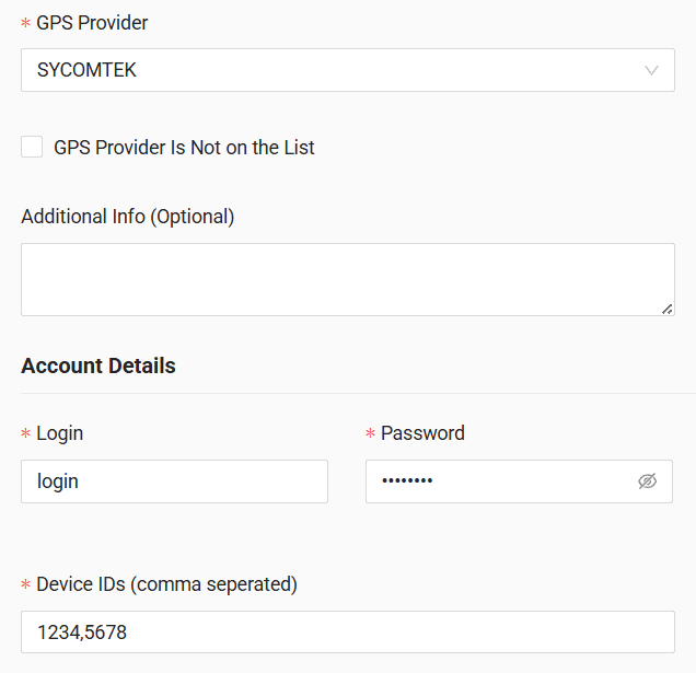 In the form, enter the login, password, and comma-separated device IDs