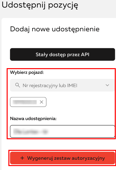 In the "Select vehicle" field, find and select the vehicles that should be visible to CO3 (search by registration number or IMEI). Enter a share name, e.g. CO3. Click "Generate authorization set"