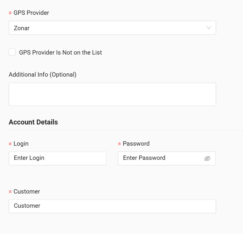 In the form enter the Login, Password and Customer (account code) received from your GPS provider